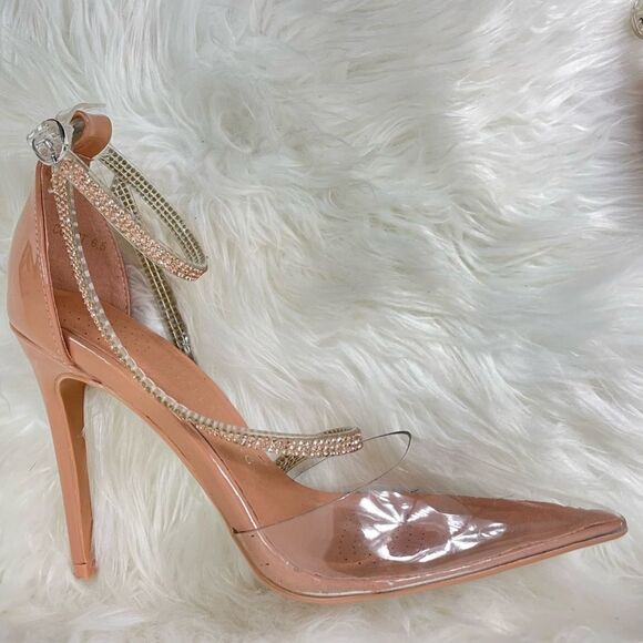 Azalea Wang | clear pointy stilettos 37 Rhinestone details,ankle strap,4” heel - Picture 2 of 5